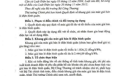 Quyết định về khung giá của mức giá bán lẻ điện bình quân.